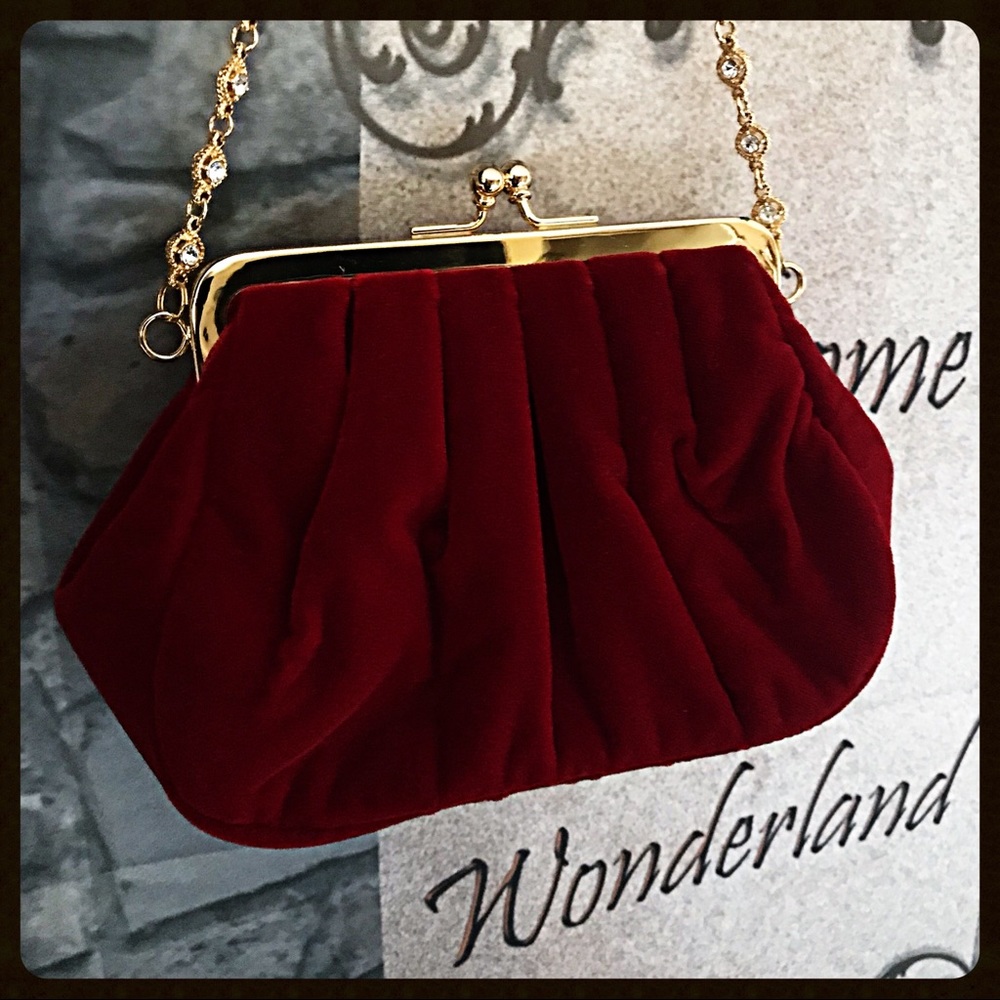 Preston & York Red Velvet Evening Clutch with Gold Chain